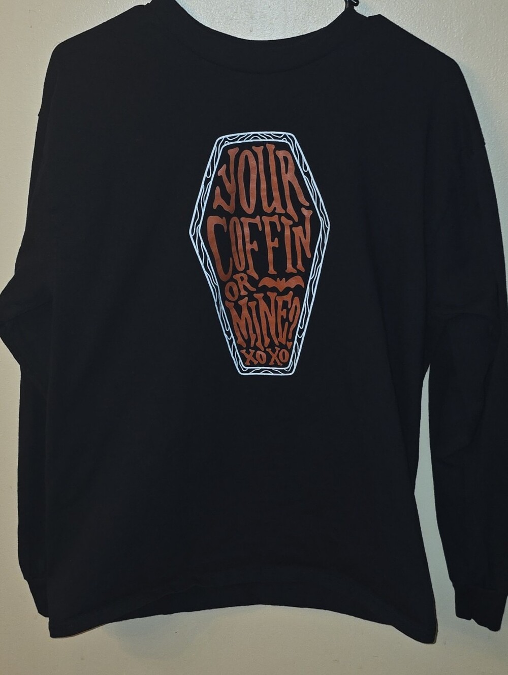 Black cotton crewneck tshirt with coffin graphic featuring